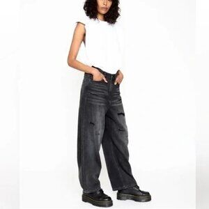 Sandrine‎ Rose Jeans Womens 30 Black Wide Leg Baggy High Rise Distressed Grunge